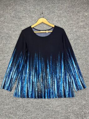 Susan Graver Long Sleeve Blouse Women Medium Blue Black Abstract Print Stretch